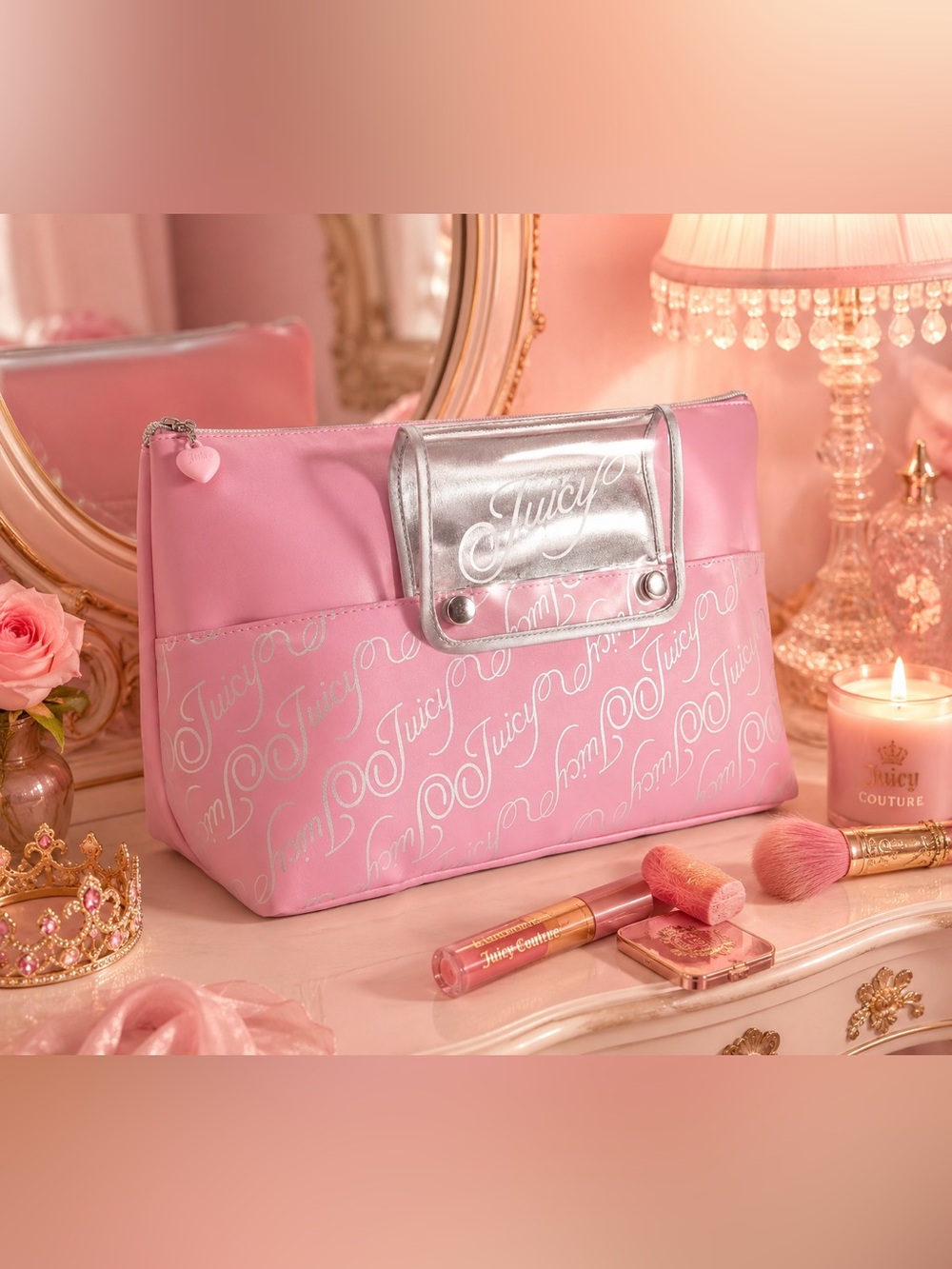Juicy Couture Travel Essentials & Makeup Bag Removable Brush Holder Retro